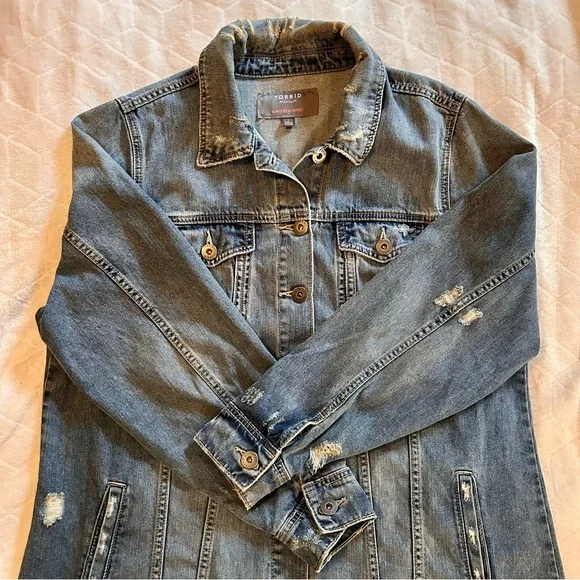 Torrid Classic Long Denim Jacket with Distressed Details Size 1X - Picture 5 of 10